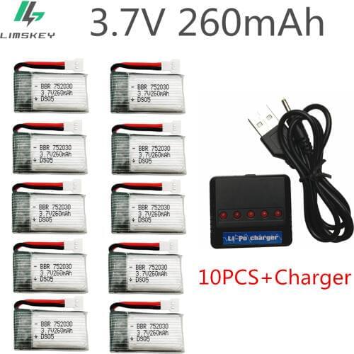10pcs 3.7V 260mAh Lipo Battery for Eachine H8 H48 H8 Mini RC Quadcopter drone parts with 5in1 Charger