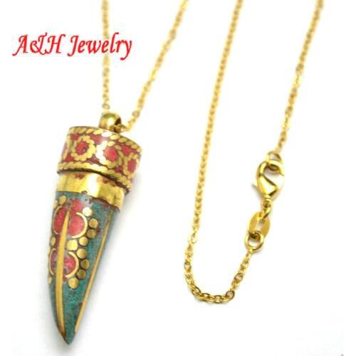 2pc New Fashion Nepal Women Jewelry Green Green Stone Red Coral Setting Copper Horn Shape Pendant 16'' Chain Necklace
