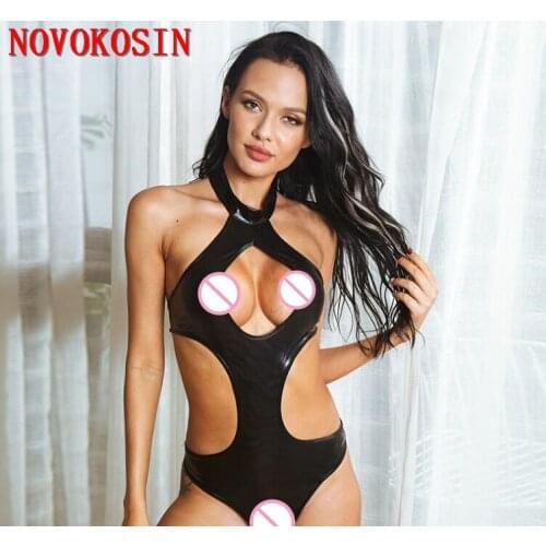 2021 Black Red Faux Leather Bandage Backless Open Bra Teddies Women PU Hollow Out Three Point Halter Bikini Bodysuit