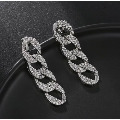 Shiny Luxury Metal Rhinestone Long Cuban Link Chain Clip on Earrings for Women No Pierced Silver Ear Clip 2021 Statemeant Jewel