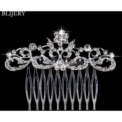 BLIJERY Silver Color Rhinestone Crystal Wedding Hair Accessories Flower Bridal Hair Combs for Women Wedding Hair Jewelry