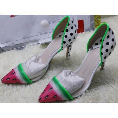 Big Size US 10 Sweet Cute Polka Dot Watermelon Pumps Pointed toe High Stiletto Watermelon Heel Shoes Real Photos