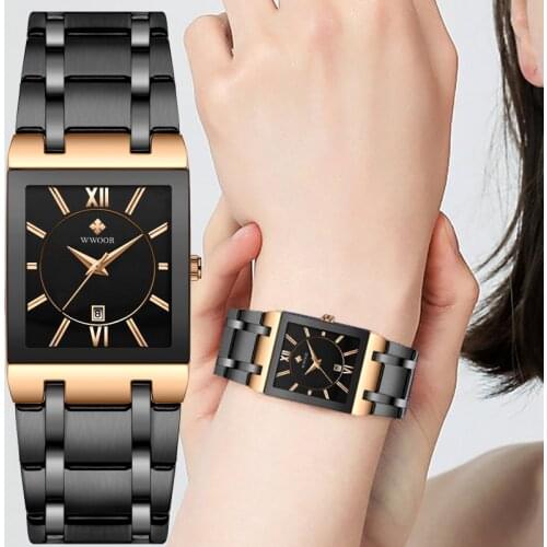 Women Watches WWOOR Casual Dress Wrist Watch Top Brand Luxury Waterproof Stainless Steel Rose Gold Square Clock Relogio Feminino