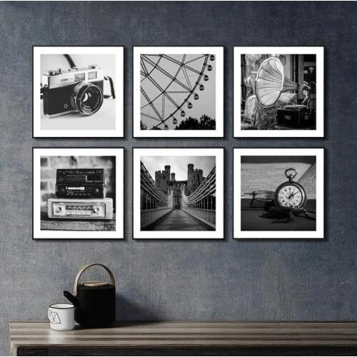 Black and White Car Camera Ferris Wheel Photo Square Canvas Paintings Posters and Prints Wall Art Landscape Pictures Cuadros