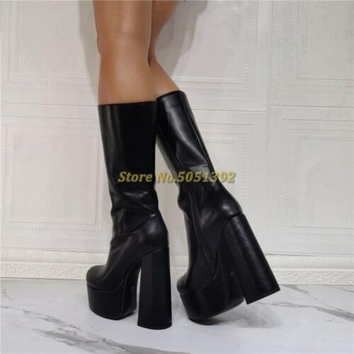 Black Leather Platform Block Heel Boots Zipper Mid-Calf Square Heel Round Toe Dress Women Winter Autumn Boots Real Picture