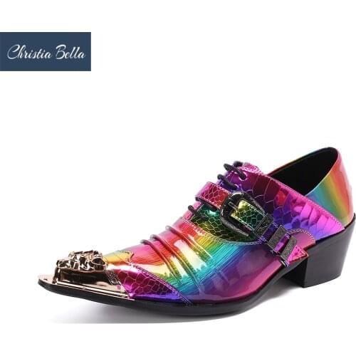 Christia Bella Designer Brand Rainbow Colors Men Party Dress Shoes Nightclub Prom Man Oxford Shoes Buckle Formal Leather Shoes