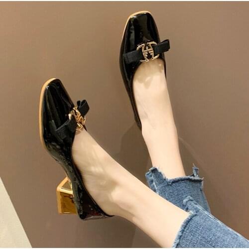 Spring Autumn Ol Office Lady Shoes Women Pumps Low Heels Dress Shoes Patent Leather Boat Shoes Metal Bow Shallow Shoes N7761G