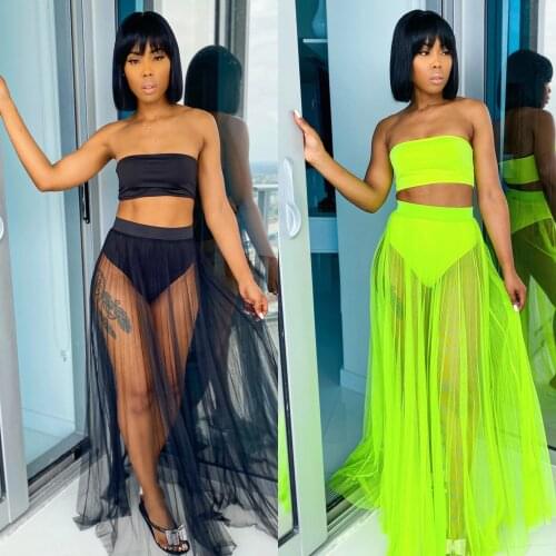 Women Sexy Mesh See Through Two Piece Sets Outfits Sleeveless Strapless Crop Tops And High Waist Maxi Long Skirt Plus Size 4XL