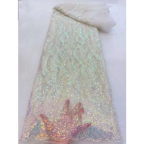 Hot Sale African Mesh Lace Fabric Full Sequins Beads Tube Tulle Embroidery Craft Sewing DIY Evening Party Wedding Dress 5 Yards