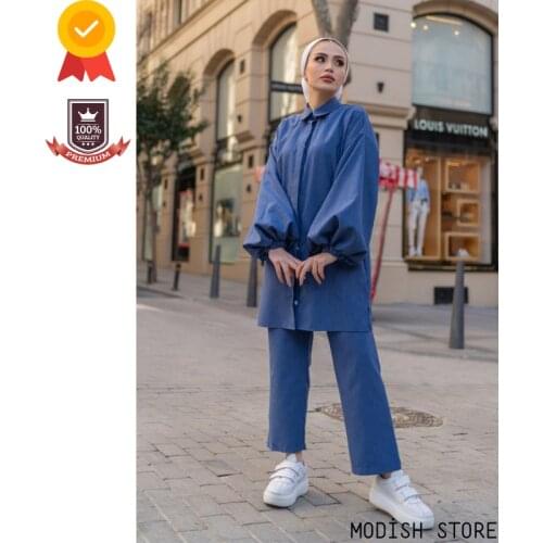 Balloon Sleeve Muslim Woman Set |Tunic Pants|2021 Dubai Abaya Turkey Turkish Womens Clothing Modest Clothing Islam