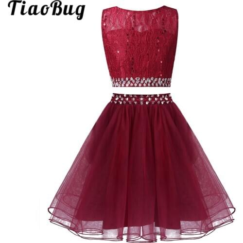 Lace Flower Girls Dresses Sleeveless Sequins Crop Top + Mesh Tutu Skirts 2Pcs Girls Wedding Outfits Kids Beaded Party Gowns