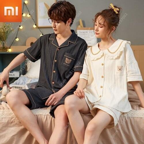 Xiaomi Couple Summer Pajamas Women Summer Cotton Short-sleeved Shorts Cardigan Home Service Suit Soft Comfortable Sleepwear