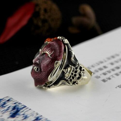Real 100% S925 Sterling silver Thai Silver Ring South Red Mens Open Ring Two colors Face Ring Christmas present