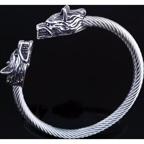 Large viking wolf head solid handcrafted bracelet men viking wolf stainless steel nordic adjustable bracelet size