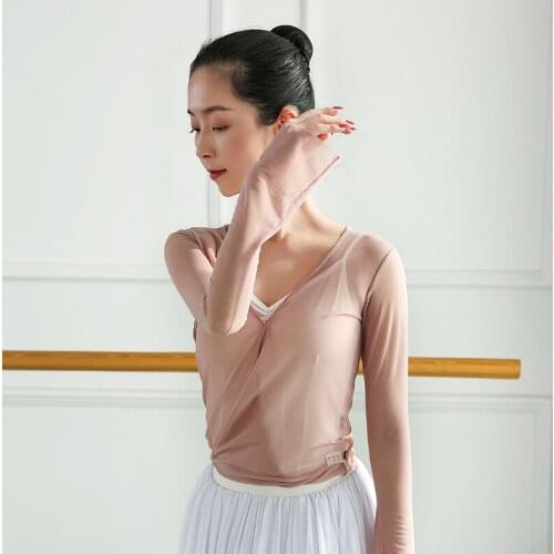2021 New Dance Screen Top Womens Ballet Training Dress Trumpet Dleeve Lace Up Classical Adult Dance Wear Girls Dance Costume