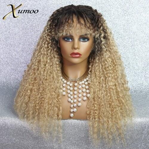 XUMOO Ombre Blonde Synthetic Lace Front Wig With Bangs Heat Resistant Kinky Curly Wig Glueless Cosplay Wigs For Black Women