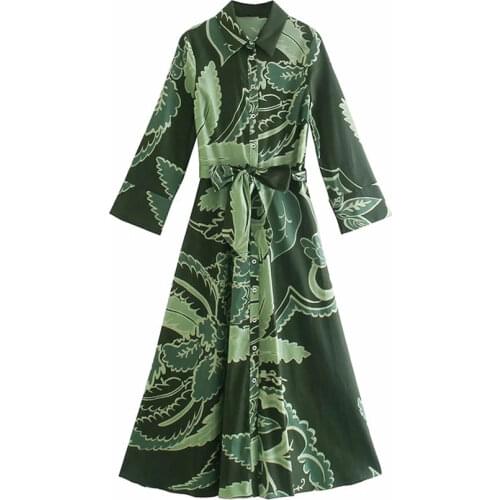 Nlzgmsj Za Women 2021 Turn Down Collar Dress Women Fall Flower Print Temperament Long Midi Dress Full Sleeve Femme Robe 202108