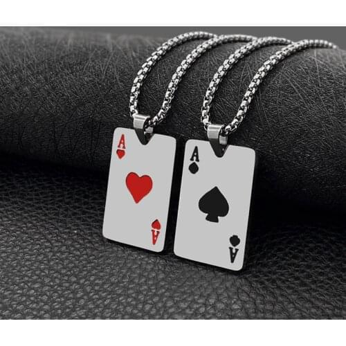 Titanium Steel Playing Card Pendant Necklace Mens Fashion Hip Hop Spades Red Heart A Wild Pendant