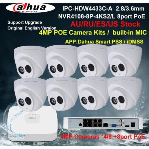 Dahua Security Camera System 4MP PoE CCTV Kit IPC-HDW4433C-A NVR4108-8P-4KS2 8CH NVR Recorder 4/8pcs IP Camera Build in Mic