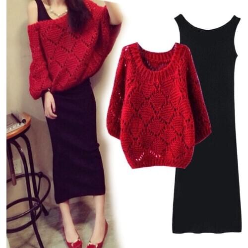 The Thin Hollowed Pullover Bat Sleeve Tops Women Knitted Sweater 2021 Spring Summer Plus Size Loose 2 Piece Set Dress Women Set