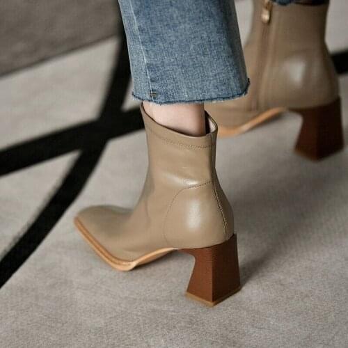 2021 Fashion Square Heel Square heel Ankle Boots Women Side Zip Party Dress Office Lady Daily Shoes Black Khaki