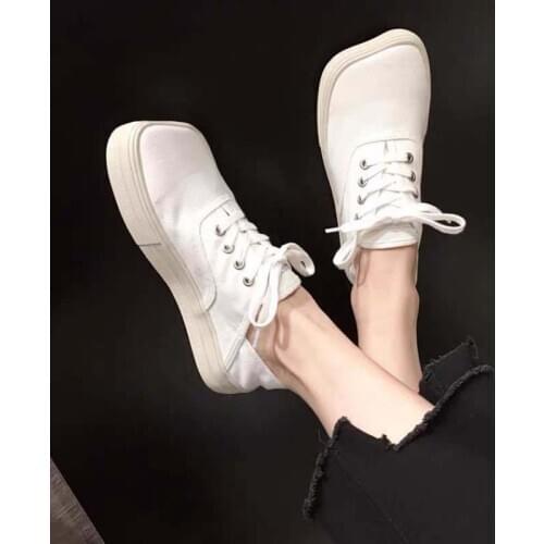 Canvas shoes female new Korean version leisure wear two single shoes square head lace-up bag head half college style small white
