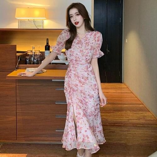 Pink Chiffon Floral Dress Lady 2021 Summer New V-neck Split Pleated Drawstring Long Mermaid Dress