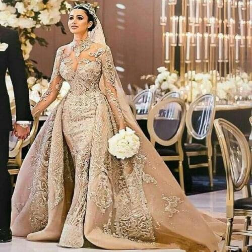 Champagne Arabic Dubai Mermaid Wedding Dresses with Detachable Train High Neck Full Lace Applique Long Sleeve Muslim Bridal Gown