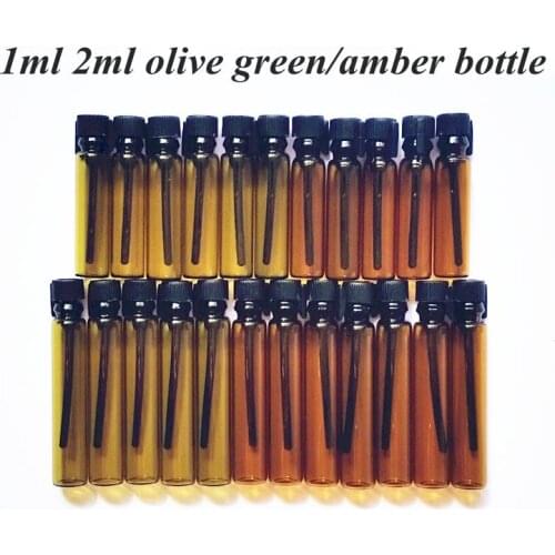 100pcs/lot 1ML 2ML Amber/olive green glass perfume bottle empty tube glass bottle 1cc 2cc sample test bottle vials with dropper
