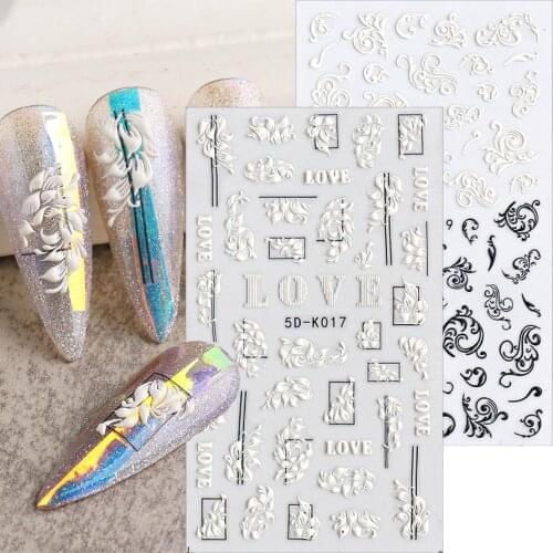 5D Black White Embossed Flower Sticker Lace Leaf Wedding Butterfly Nail Design Sliders Japanese Xmas Decal Manicure Decor SA5D-K