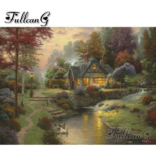 FULLCANG Wood cabin diy 5d mosaic diamond painting full square round drill rhinestone embroidery sale landscape decor FC3177