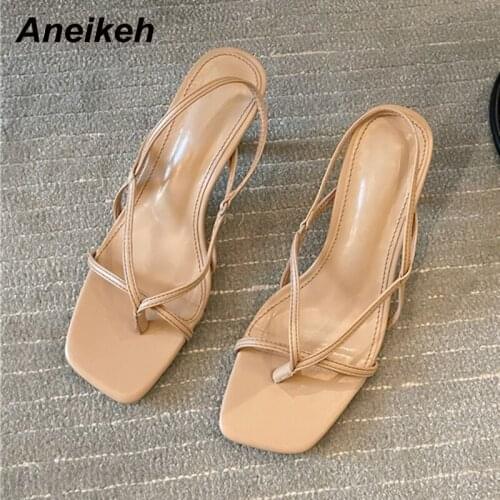 Aneikeh 2021 Summer Womens Shoes Thin Heels Open Casual Shallow Classics PU Basic Slip-On Back Strap Concise Solid Casua white