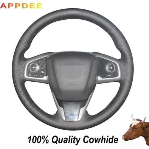 Hand-stitched Black Genuine Leather Steering Wheel Cover for Honda Civic Civic 10 2016-2019 CRV CR-V 2017-2019 Clarity 16-19