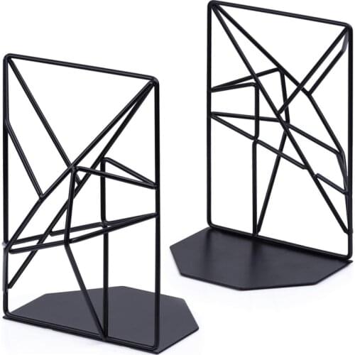 Bookends Black,Decorative Metal Book Ends Supports for Shelves,Unique Geometric Design for Shelves,Kitchen Cookbooks,Decorative