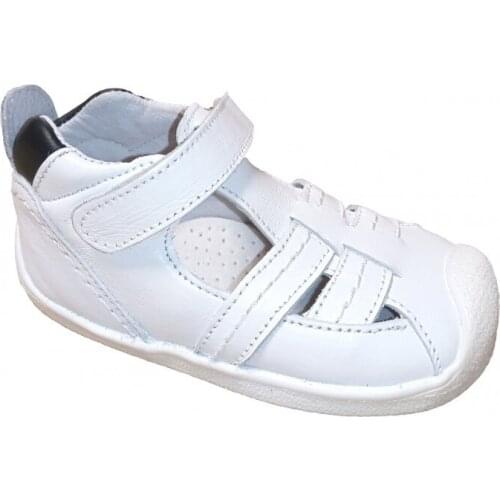D Babys white leather buttoned sandals with protective helmet in Navy