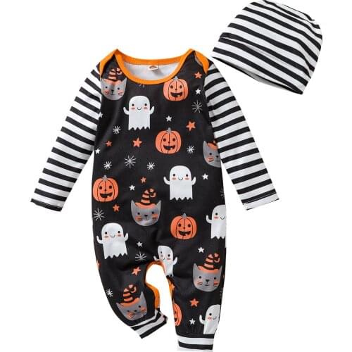 Infant Baby Girls Boys Halloween Two-piece Clothes Set, Pumpkin and Stripe Printed Pattern Romper and Cap