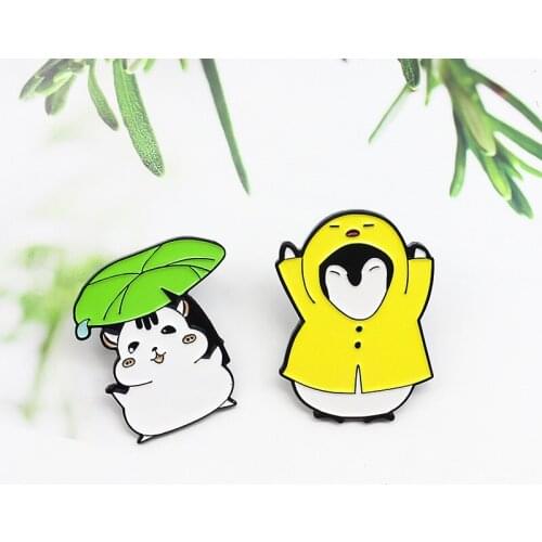 Cartoon Elf Enamel Brooch cattle Moo penguin chicken bear Cute animal Lapel Pin Magic Hat bow Goldfish bowl Lotus leaf Badge