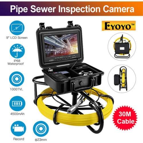 Eyoyo 23mm 9600A Pie Pipeline Endoscope Inspection Video Camera 30M Industrial Sewer Drain 9 Inch LCD 1000TVL 8GB DVR Recording