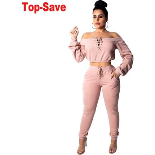 Off The Shoulder Cotton Solid Matching Sets 2020 Autumn Full Sleeve Top+Pants Outfits Fashion Fitness Casual Two Piece Set Women