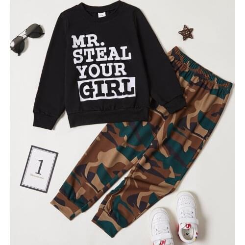 PatPat 2-piece Kid Boy Letter Print Long-sleeve Black T-shirt and Camouflage Print Pants Set