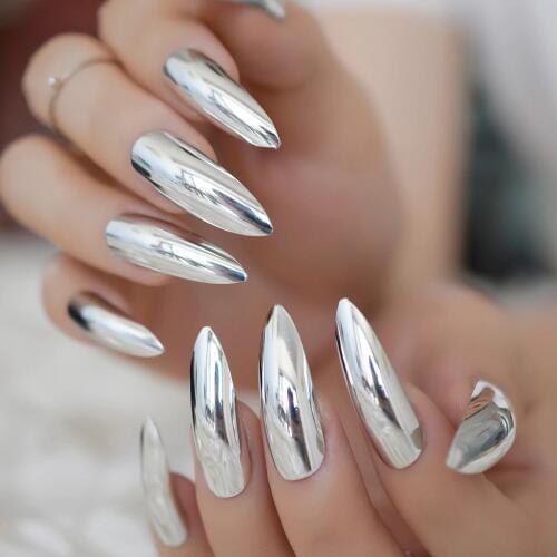 Metallic Mirror Extra Long Stilettos Sharp False Nail Metal Silver Fake Nails Acrylic Artificial Stiletto Nail Art Fuax Ongles