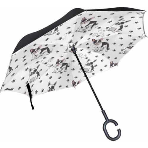 Cute French Bulldog Double Layer Car Reverse Umbrella Rain Women Men Umbrellas Inverted For Windproof Umbrella