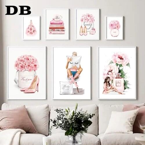 Pink Flower Fashion Girl Paris Perfume Book Bag Wall Art Print Canvas Painting Nordic Poster Wall Pictures For Living Room Decor