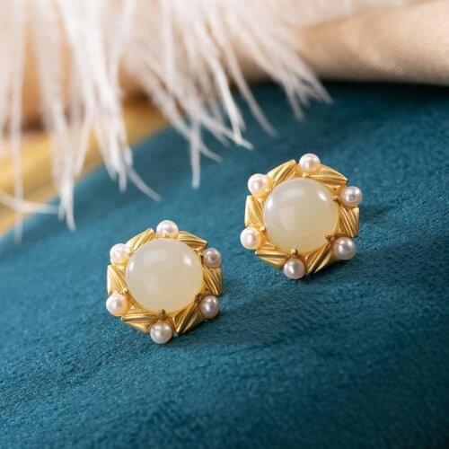 Original S925 Sterling Silver Gold Plated Natural Hetian Jade Personality Court High-End Womens Pearl Stud Earring