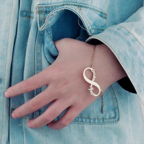 Personalize Custom Double Name Bracelet Number 8 Shaped Customized Women Men Hip Hop Jewelry Stainless Steel Adjustable Bangle