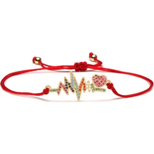 Multicolor Cubic Zirconia Stones Love Heart Beat Copper Charm Bracelet Women Brass CZ Electrocardiogram Red String Jewelry Gift