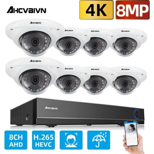 AHCVBIVN 4K CCTV 8CH Hybrid DVR Video Surveillance System 8MP AHD Camera Kit Day & Night AHD Dome Camera Kit VGA HDMI Output