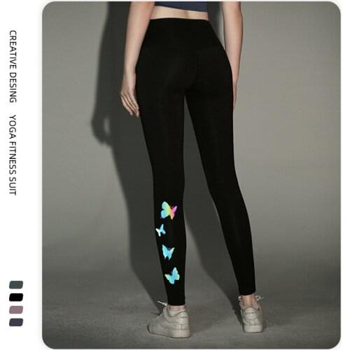 Sports Yoga Pants Womens Yoga Clothes High Waist Hip Tight-fitting Running Reflective Butterfly Print Stretch Fitness Leggings