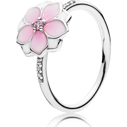 High Quality 925 Sterling Silver Magnolia Bloom Pink Enamel Cz Pan Ring Compatible With European Jewelry