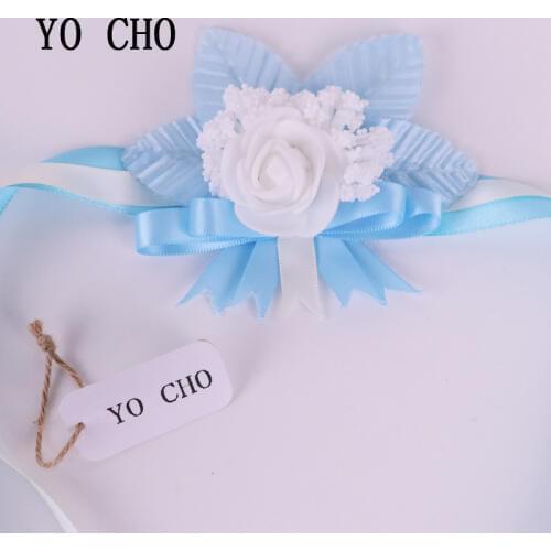 YO CHO Artificial Wrist Flower White Rose Blue Leaf Silk Ribbon Brideamaid Sisters Hand Flowers Artificial Bride Flowers Wedding